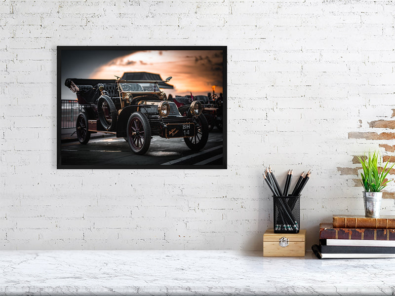 De Bion Bouton 1904 in evening light on a seafront of Brighton, Veteran Car Run 2023. Print or framed photography art.