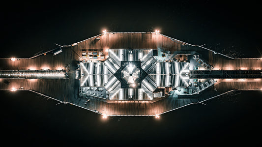 Aerial View of a middle part of Brighton Pier on a cold winter night
