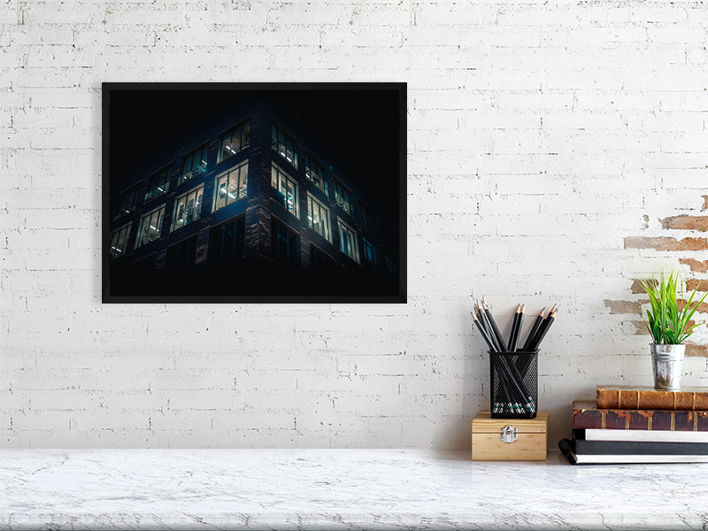 Late night blue office lights, modern building architecture in Brighton. Print or framed photography art.