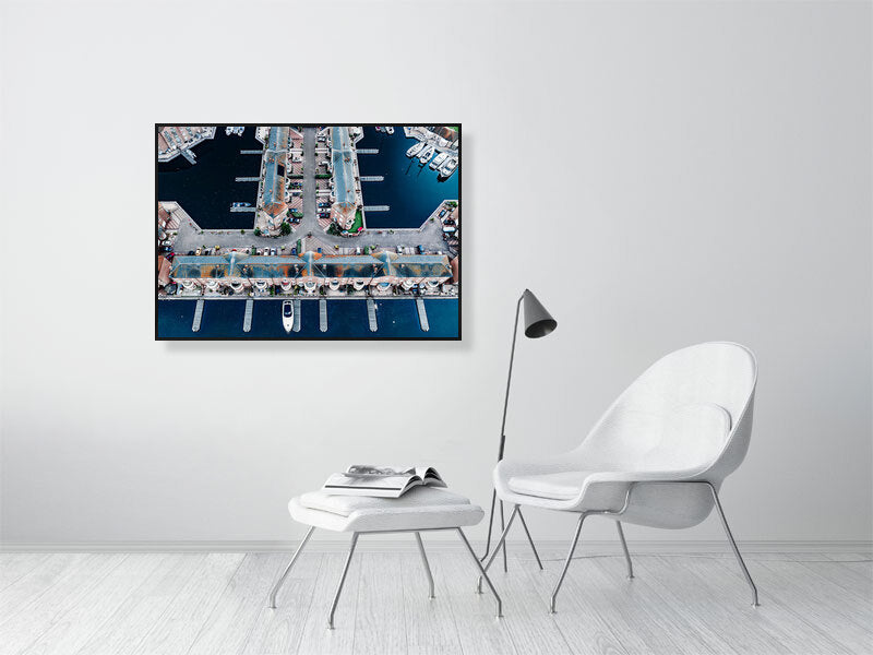 Aerial view of Brighton Marina blue waters with nice building geometry. Print of framed photography art.